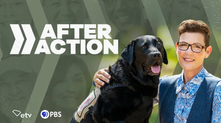 image of host stacy pearsall and service dog charlie with after action logo