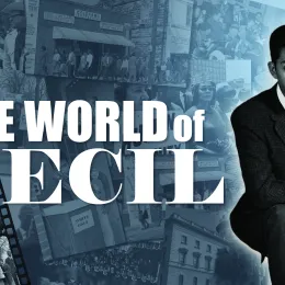 cover artwork for two-part documentary the world of cecil. Image of cecil williams with images from the documentary in the background.