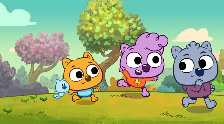 graphic showing 3 characters from 'Work It Out Wombats!' PBS KIDS show running on grass