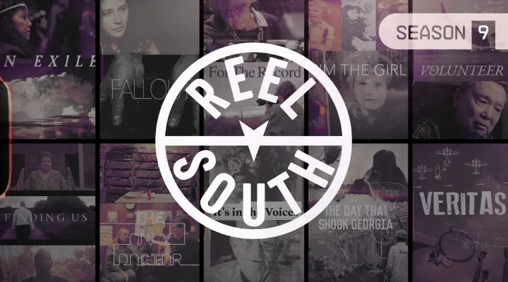 reel south logo with film titles in background