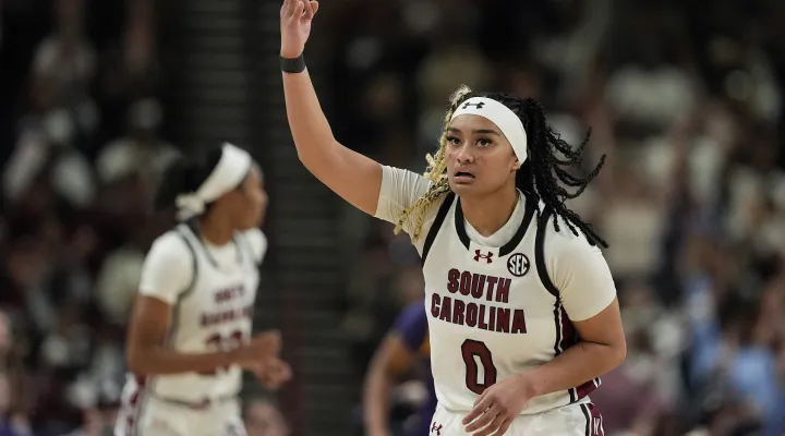 South Carolina guard Te-Hina Paopao celebrates after scoring against LSU during the first half of an NCAA college basketball game at the Southeastern Conference women's tournament final Sunday, March 10, 2024, in Greenville, S.C. (AP Photo/Chris Carlson)