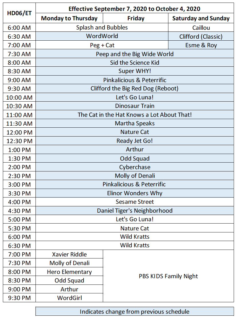 PBS Kids Schedule from September 7 to October 4, 2020