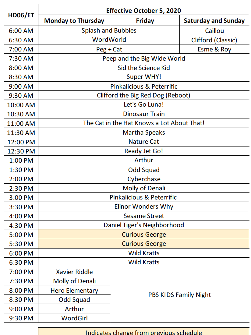 PBS Kids Schedule after October 5, 2020