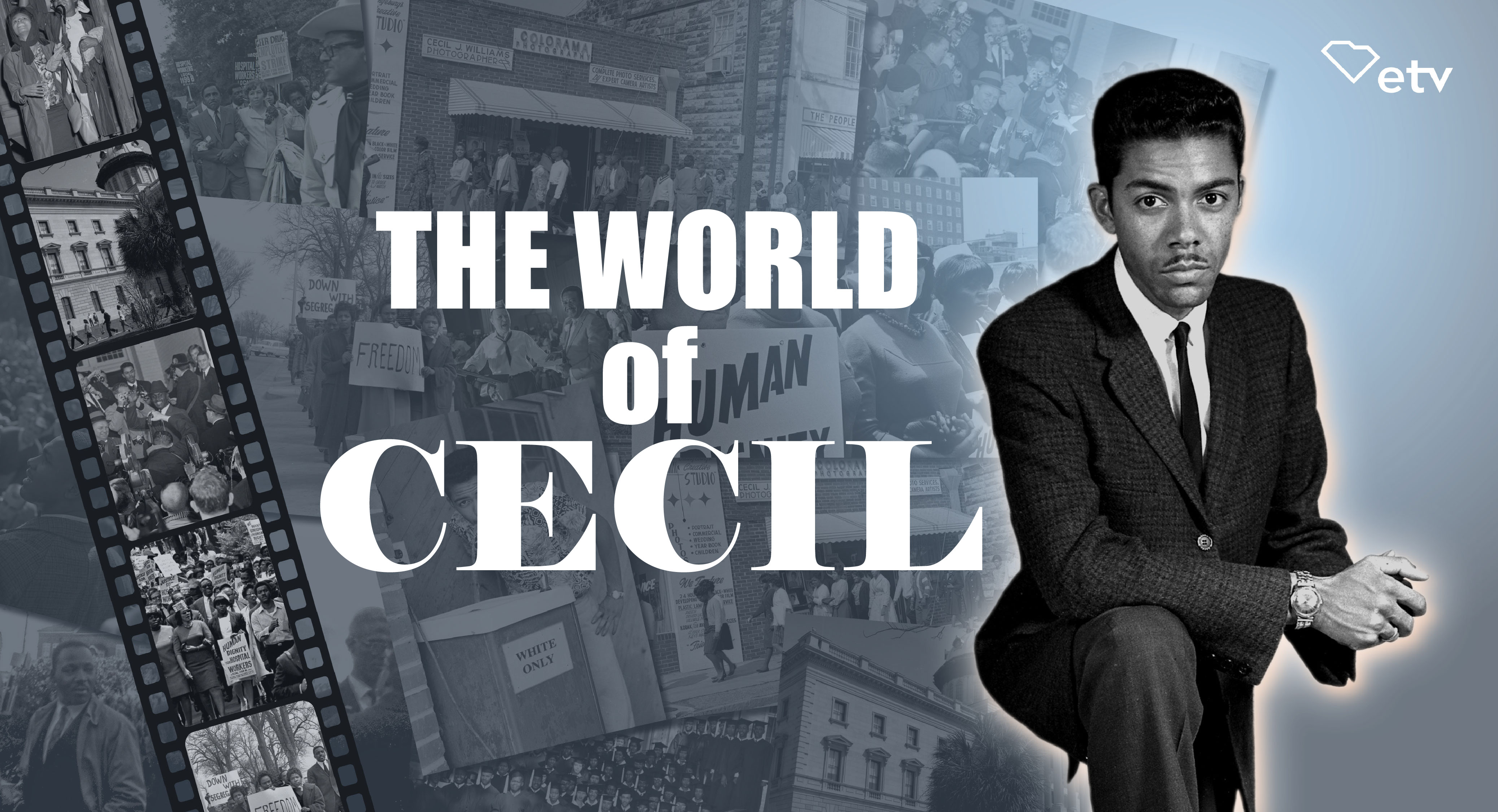 cover artwork for two-part documentary the world of cecil. Image of cecil williams with images from the documentary in the background.