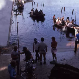 Roanoak settlers launch boats with help from a TV crew