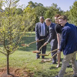 USC Upstate, South Carolina ETV and Public Radio, and ETV Endowment staff plant a tree to commemorate SC Public Radio's 50th Anniversary.