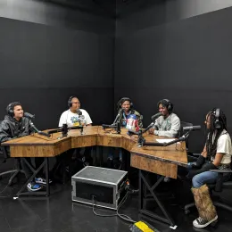 students doing a podcast activity at SCETV's MediaSCape Studios