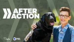 after action logo with image of charlie and stacy. Images of veterans in background