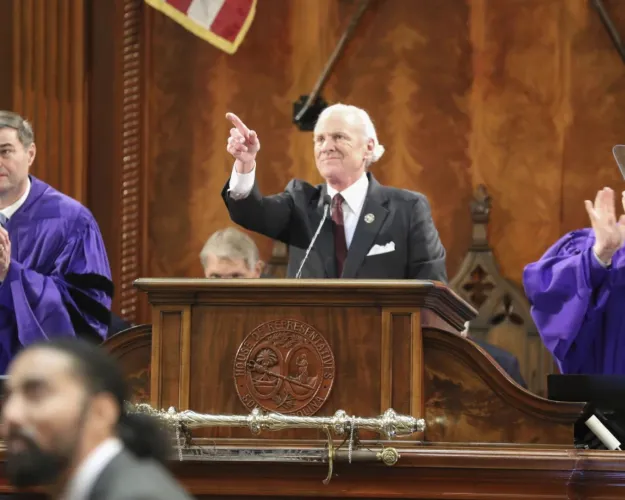 South Carolina Gov. Henry McMaster, center, gives his State of the State speech Wednesday, Jan. 29, 2025, in Columbia, S.C. (AP Photo/Jeffrey Collins)
