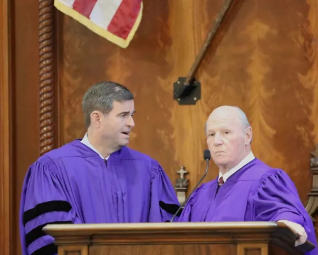 South Carolina House Speaker Murrell Smith, R-Sumter, left, and South Carolina Senate President Thomas Alexander, R-Walhalla, right, speak before a joint session of the General Assembly on Thursday, May 1, 2025, in Columbia, S.C. (AP Photo/Jeffrey Collins)