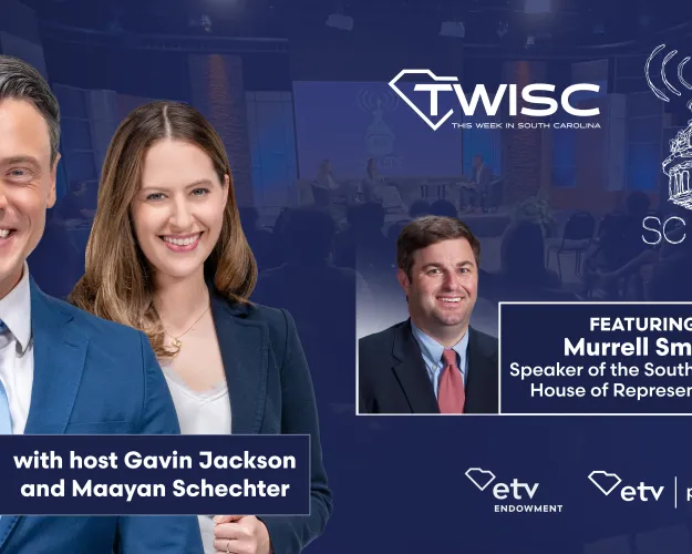 image of hosts Gavin Jackson and Maayan Schechter with speaker murrell Smith. Includes This week in south carolina, SC Lede, scetv endowment and scetv and public radio logos