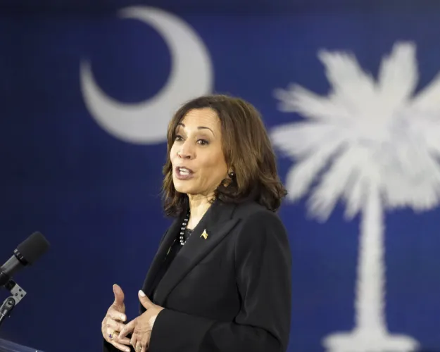 Vice President Kamala Harris gives remarks on broadband internet expansion on Monday, Feb. 27, 2023, at Benedict College in Columbia, S.C. (AP Photo/Meg Kinnard)
