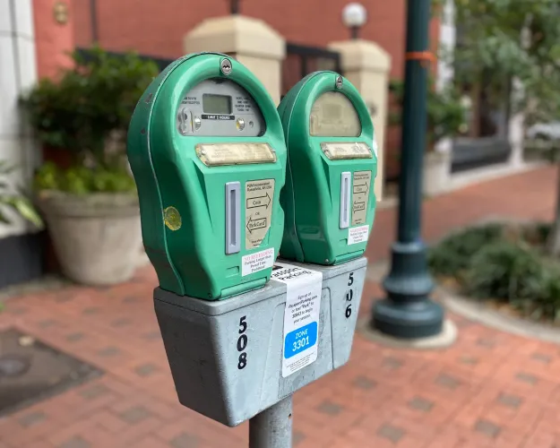 Coin-fed parking meters on Main Street in Columbia, South Carolina.