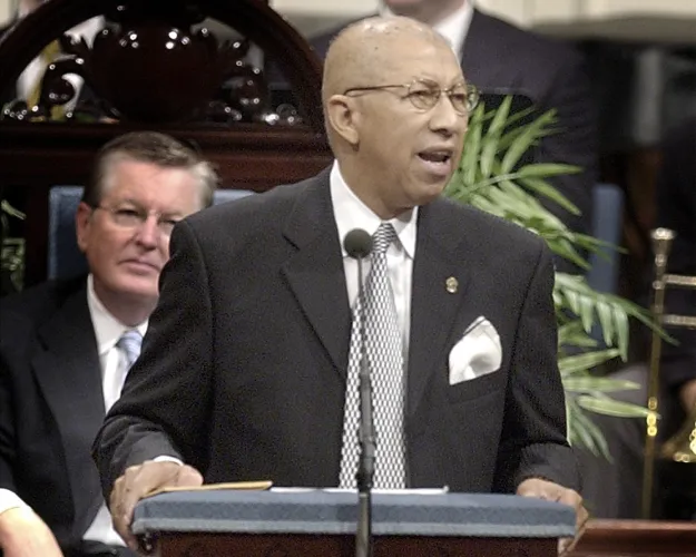 FILE - South Carolina state Sen. Kay Patterson eulogizes former Sen. Strom Thurmond, R-S.C., during Thurmond's funeral service at First Baptist Church in Columbia, S.C., Tuesday, July 1, 2003. (Tim Dominick/The State via AP, Pool, File)