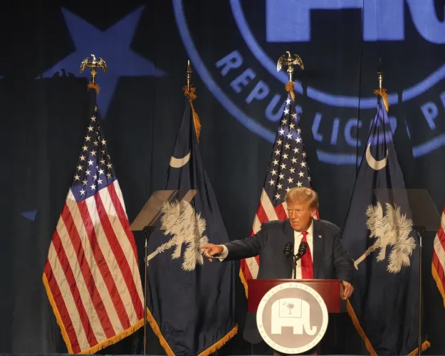 Former President Donald Trump speaks at the 56th annual Silver Elephant Gala on Saturday, Aug. 5, 2023, in Columbia, S.C. (AP Photo/Meg Kinnard)