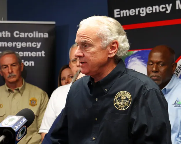 South Carolina Gov. Henry McMaster, along with other state officials, provides an update on Hurricane Ian at the South Carolina Emergency Operations Center in West Columbia, S.C., on Friday, Sept. 30, 2022. (AP Photo/James Pollard)