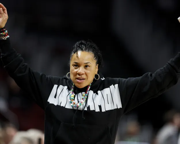 South Carolina head coach Dawn Staley gestures on the sideline during the second half of an NCAA college basketball game against Charleston Southern in Columbia, S.C., Thursday, Dec. 19, 2024. (AP Photo/Nell Redmond)
