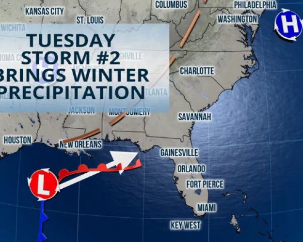 A low pressure system emerging from the Gulf of Mexico will affect the Gulf State during the beginning of the week and continue over the Southeast, brining rounds of mixed precipitation and even snow across some southern states.