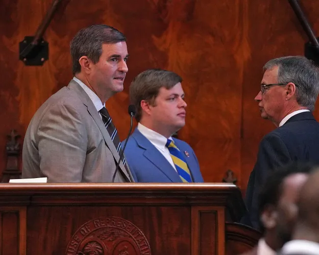From left, S.C. House Speaker Murrell Smith, R-Sumter; state Rep. Brandon Newton, R-Lancaster; and House Majority Leader Davey Hiott, R-Pickens, at the South Carolina Statehouse on Feb. 18, 2025.