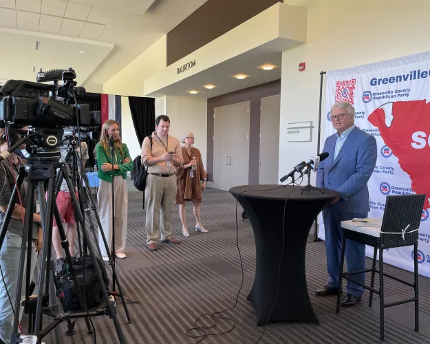 S.C. Treasurer Curtis Loftis speaks to reporters Monday, April 14, 2025, at the Greenville County Republican Party Convention in Greenville, S.C.