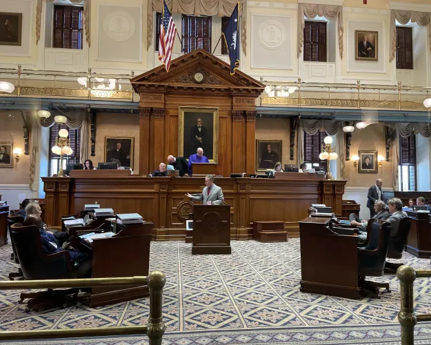 S.C. Senate Education Committee Chairman Greg Hembree, R-Horry, speaks on the Senate floor Wednesday, April 16, 2025, in Columbia, S.C.