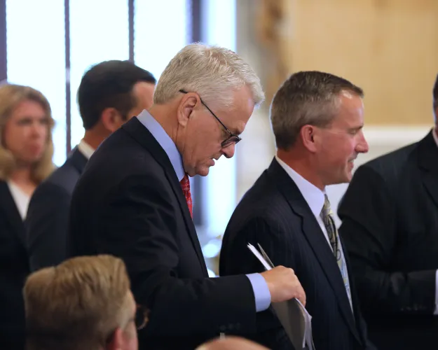 Republican South Carolina Treasurer Curtis Loftis prepares for a hearing in the Senate that could start the process of removing him from office on Monday, April 21, 2025, in Columbia, S.C. (AP Photo/Jeffrey Collins)
