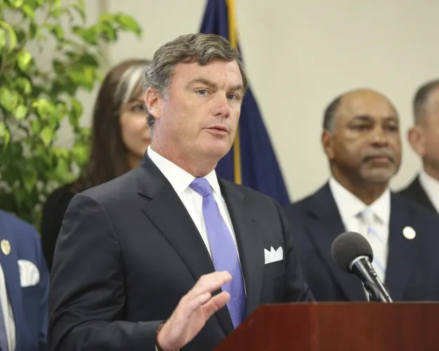 FILE - South Carolina Department of Corrections Director Bryan Stirling speaks on July 13, 2021, in Columbia, S.C. (AP Photo/Jeffrey Collins, File)