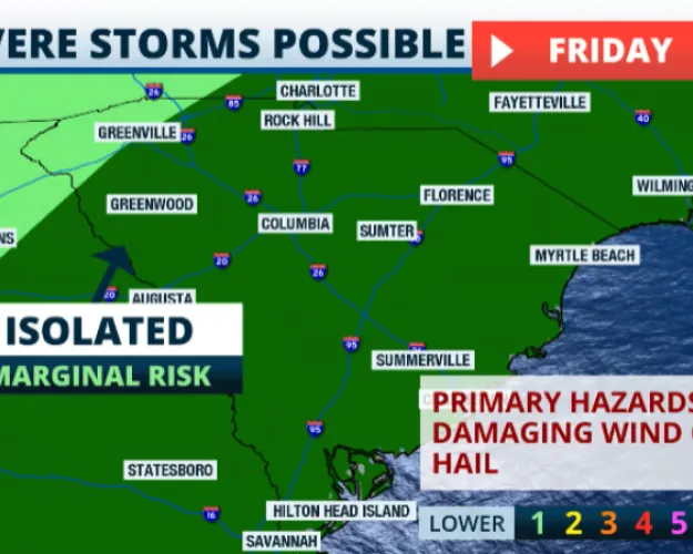 Damaging winds and hail are possible with the isolated storms on Friday.