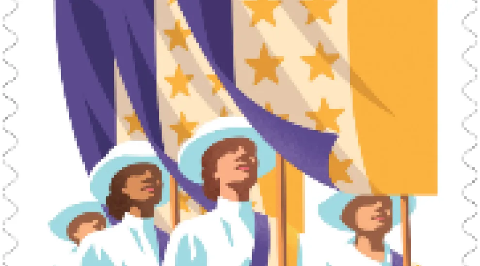 US Postal Service 19th Amendment: Women Vote stamp. Inspired by historic photographs, the stamp features a stylized illustration of suffragists marching in a parade or other public demonstration.