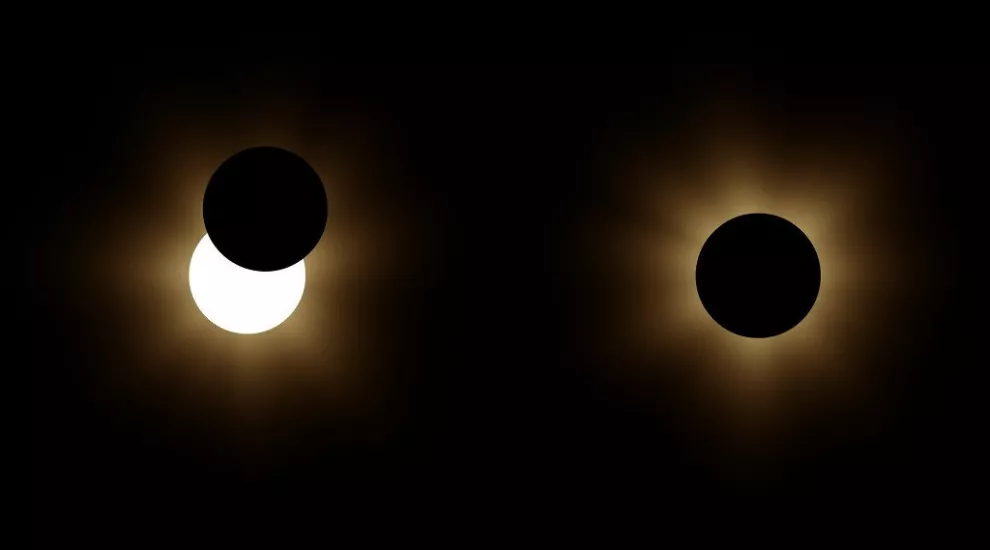 Within the penumbra, the eclipse is partial (left), but within the umbra, the Moon completely covers the Sun (right).