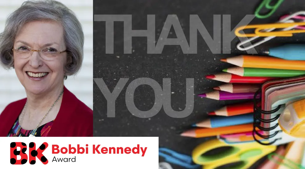 image of bobbi kennedy with school supplies and the words "Thank You" with the bobbi kennedy award logo at bottom