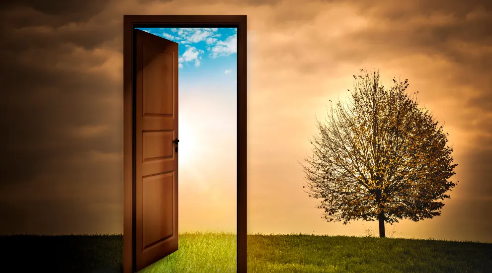 graphic of open door and outside scene of sky, grass and a tree
