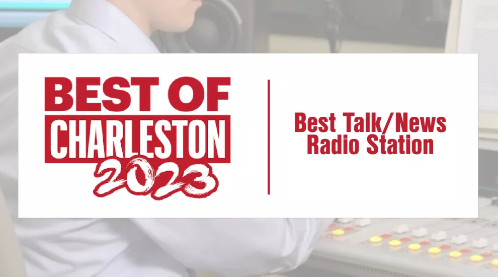 Best of Charleston 2023 logo with category and radio host background image