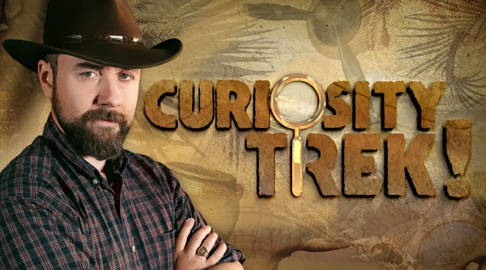 Curiosity Trek! logo with picture of host Andrew Davis