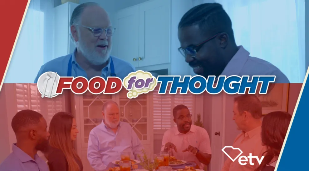 image of South Carolina House of Representatives members JA Moore (D-Charleston) and Chairman Jeff Bradley (R-Beaufort) with show title Food for Thought in foreground