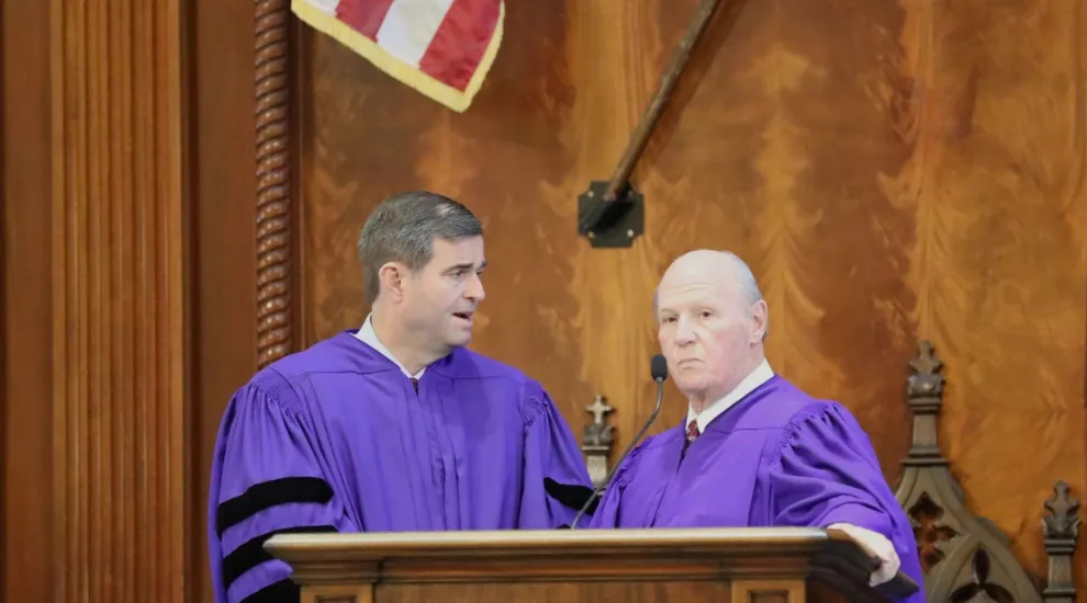 South Carolina House Speaker Murrell Smith, R-Sumter, left, and South Carolina Senate President Thomas Alexander, R-Walhalla, right, speak before a joint session of the General Assembly on Thursday, May 1, 2025, in Columbia, S.C. (AP Photo/Jeffrey Collins)
