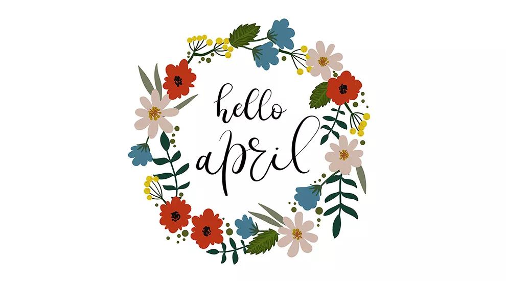 Hello April graphic with flowers in circle
