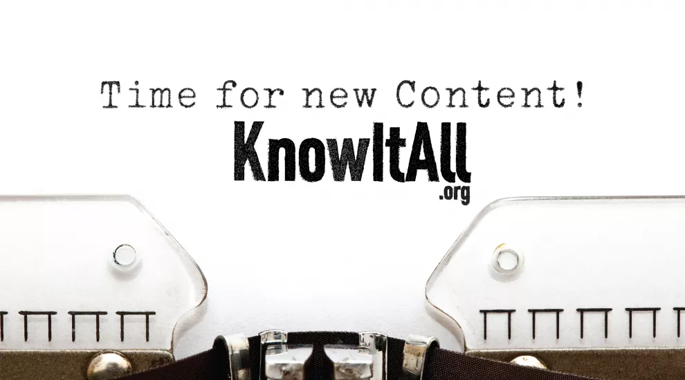 graphic sowing typewriter words "Time for new content, KnowItAll