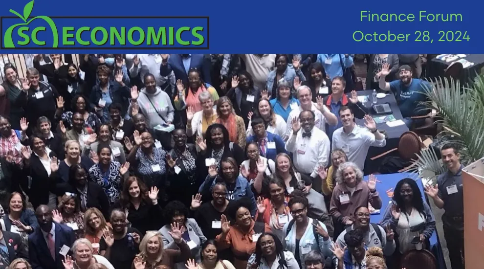 graphic showing a group of people and the words "SC Economics Finance Forum October 28, 2024"