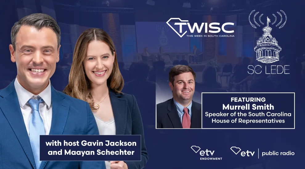 image of hosts Gavin Jackson and Maayan Schechter with speaker murrell Smith. Includes This week in south carolina, SC Lede, scetv endowment and scetv and public radio logos
