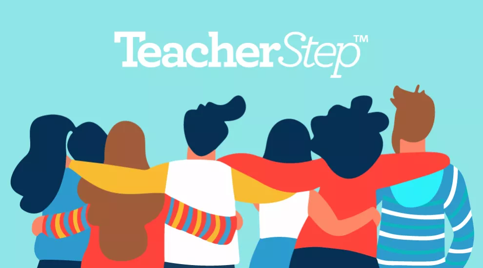 graphic showing the back of a group of people standing unified together with the word 'TeacherStep' above
