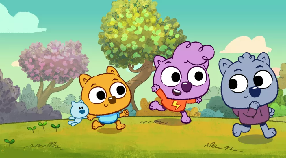 graphic showing 3 characters from 'Work It Out Wombats!' PBS KIDS show running on grass