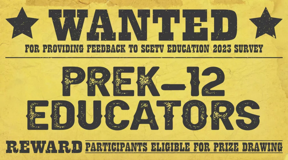 old west 'wanted' style graphic recruiting educators to take ETV Education survey