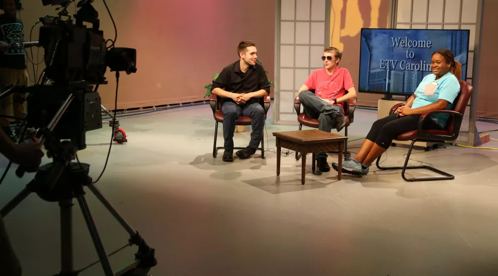 Photo taken of York Technical College students using ETV Carolinas' studio.