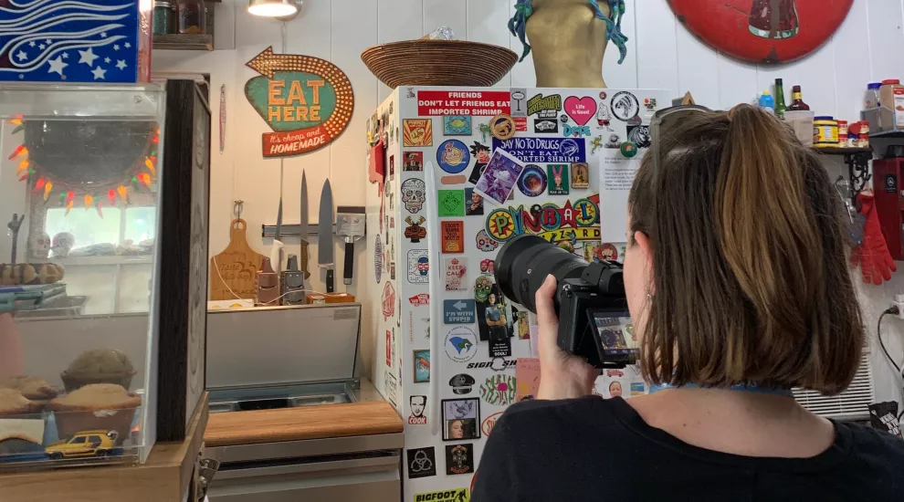 Me filming for our restaurant series in McClellanville