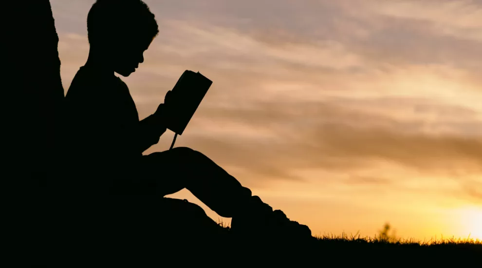 image of child reading a book in shadow of light