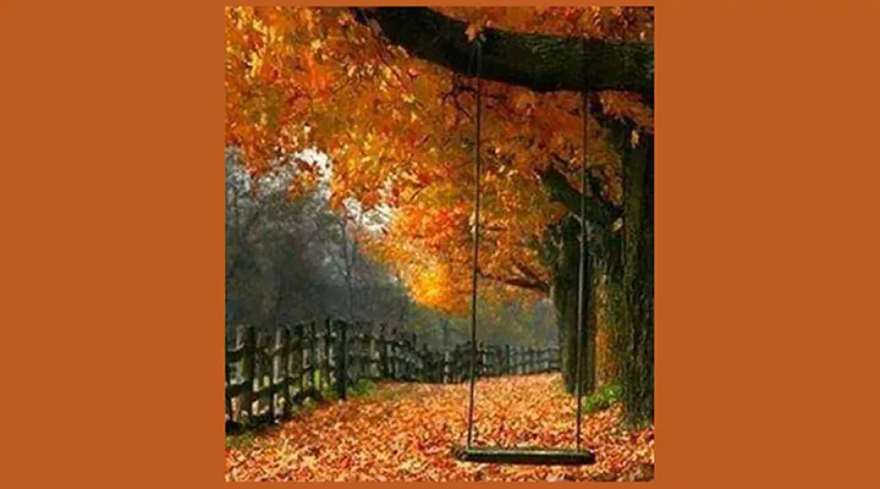 Painting of tree limb holding a swing after leaves have turned gold in the fall
