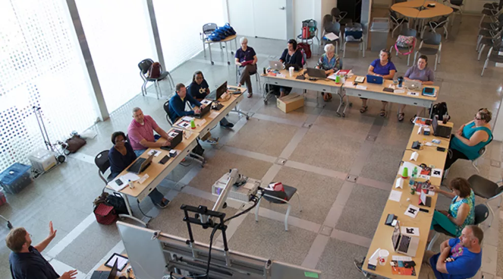 Overhead shot of Idea Lab with class in session