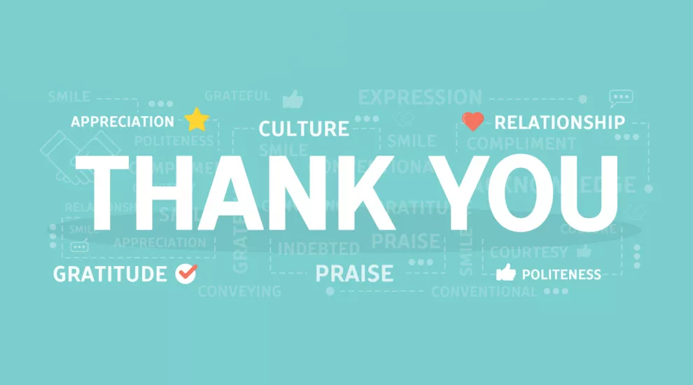 graphic image of words like "thank you", "gratitude", "appreciation" and more