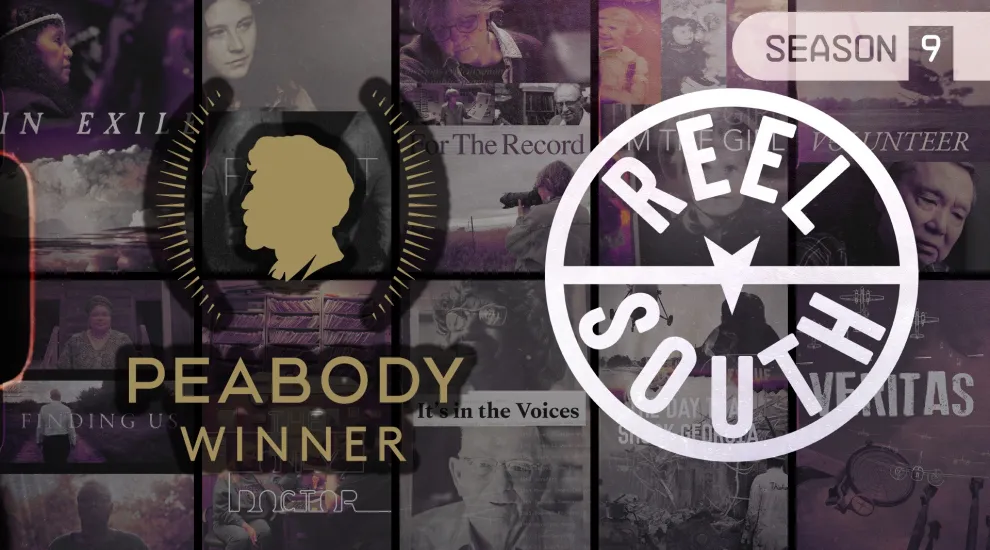 peabody award and reel south logos with reel south documentary images in background